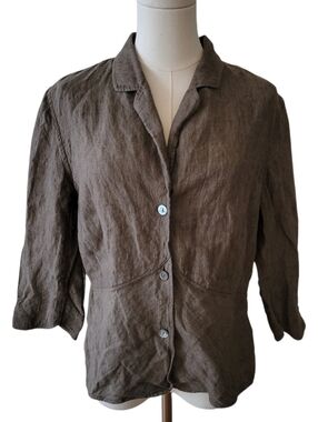 J. Jill Olive Green Linen 3/4 Sleeve Blouse Top Size 14 Petite